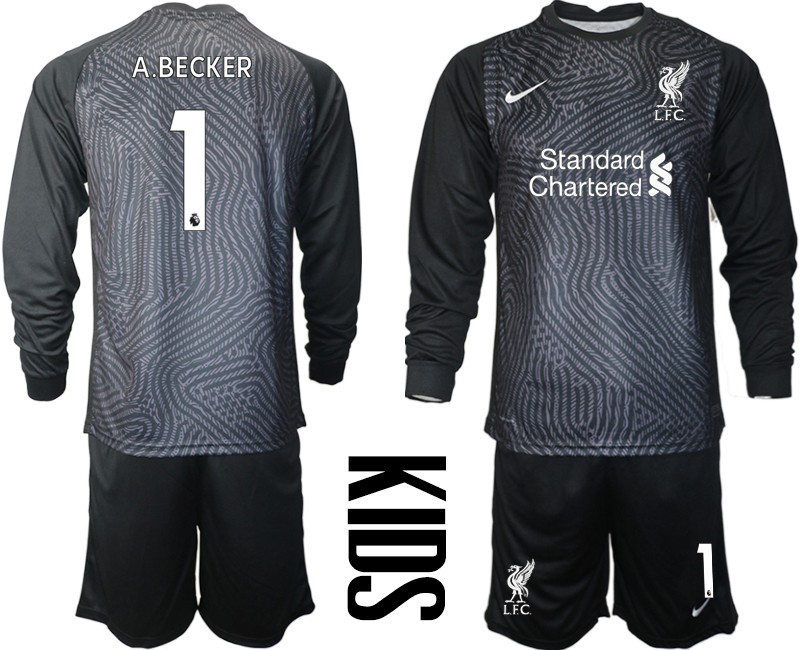 2021 Liverpool black Youth long sleeve goalkeeper #1 soccer jerseys->youth soccer jersey->Youth Jersey